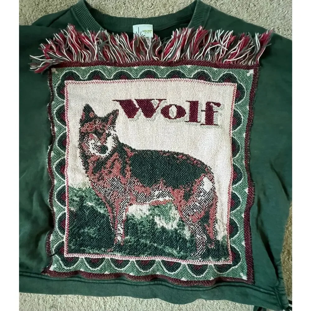 Wolf tapestry sweatshirt, fringe, upcycled, cropped crewneck, Aerie Oversize SM